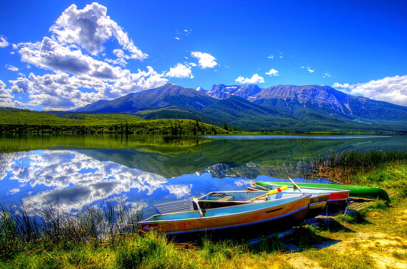 EDITH LAKE,CANADA, Scenery, Sky, Grass, Nature, Jasper, Mountains, Parks, Canada, Talbot, Boats, Edith Lake, HD wallpaper