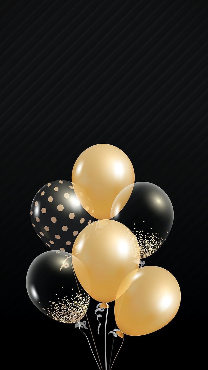 Black And Gold Balloons, black and gold, balloons, black background, HD phone wallpaper