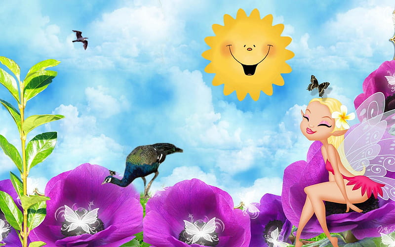 ✰Cute Fairy in Summer✰, pretty, peacock, clouds, sweet, paintings, grasses, bright, flowers, fairy, lovely, s, happiness, birds, delight, sky, smiling, trees, cute, sunshine, landscape, artistic, bonito, seasons, digital art, leaves, blossom, fairies, girls, blooms, animals, lakes, spring, butterflies, plants, summer, mushrooms, nature, HD wallpaper