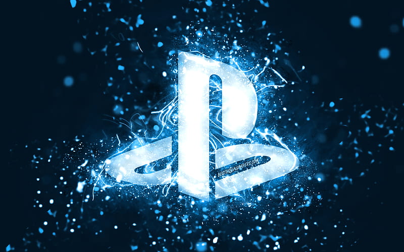 PlayStation blue logo, blue neon lights, creative, blue abstract background, PlayStation logo, PlayStation, HD wallpaper