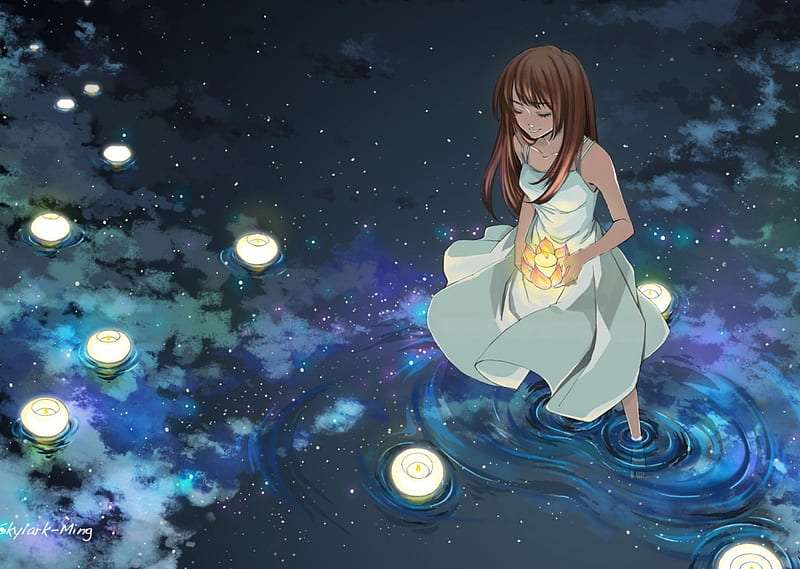 Memories Lost and Beauty Girl in Lake, Stars, Colours, New, Sky, HighSchool, Anime, BG, Wall, Beauty, Lady, Lake, Girl, Flowers, Follow, Night, HD wallpaper