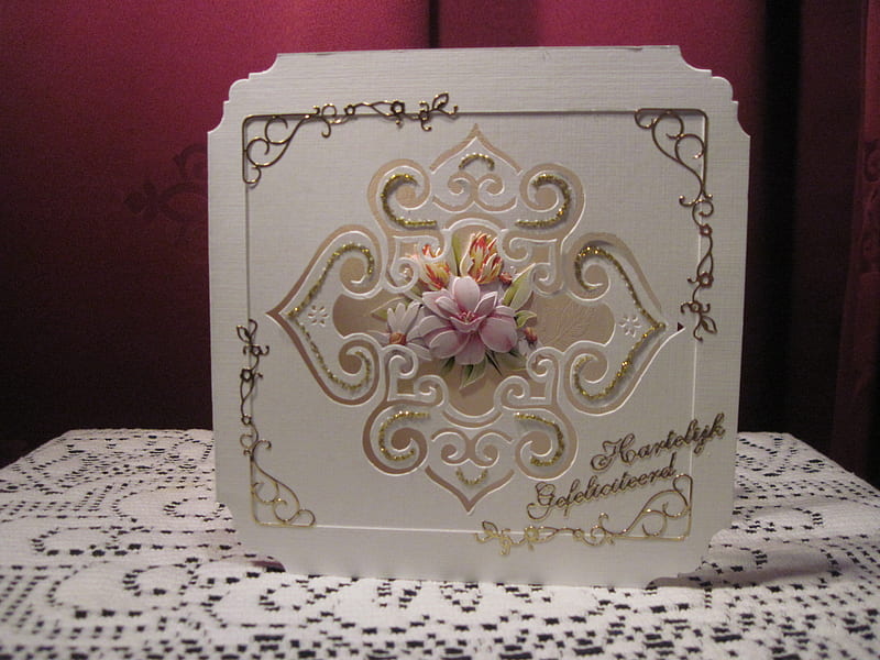 handmade cut card with flowers, cut open, hand made card, stickers, flowers, glitter glue, HD wallpaper