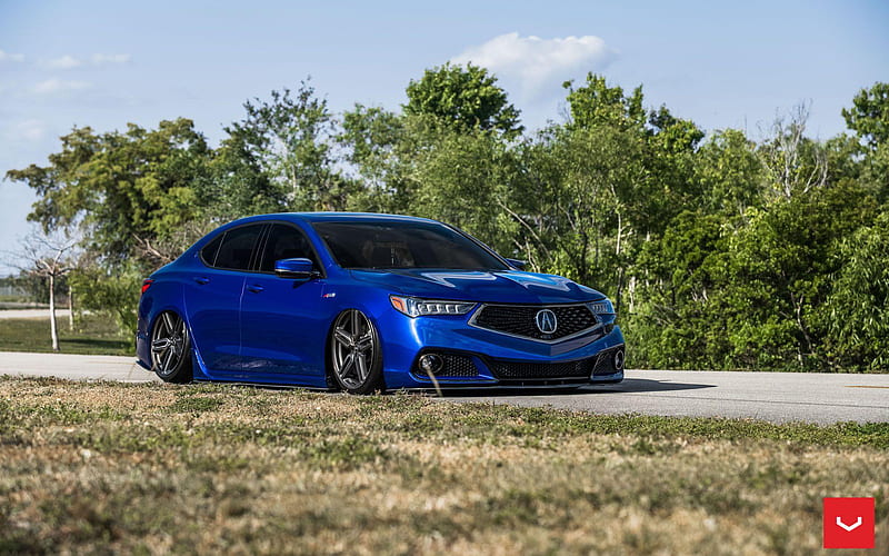 Acura TLX, 2018, exterior, front view, new blue TLX, sedan, tuning TLX, Japanese cars, Vossen Wheels, HF-1, Acura, HD wallpaper