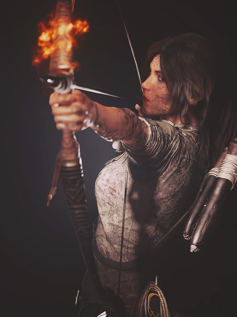 Lara Croft, fire, dark, tomb raider 2013, video game girls, Tomb Raider, bow, HD phone wallpaper