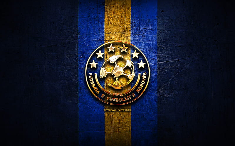 Kosovo National Football Team, golden logo, Europe, UEFA, blue metal background, Kosovar football team, soccer, FFK logo, football, Kosovo, HD wallpaper