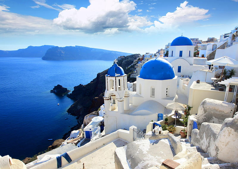 Beautiful View, Greece, paradise, Santorini, summer, nature, clouds, sky, sea, HD wallpaper