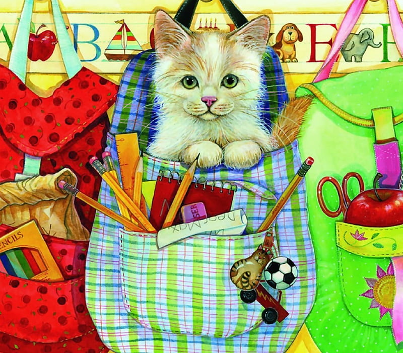 Is It Recess Yet? - Cat F, apple, art, scissors, bonito, cat, artwork, animal, pet, feline, backpack, pencil, painting, wide screen, HD wallpaper