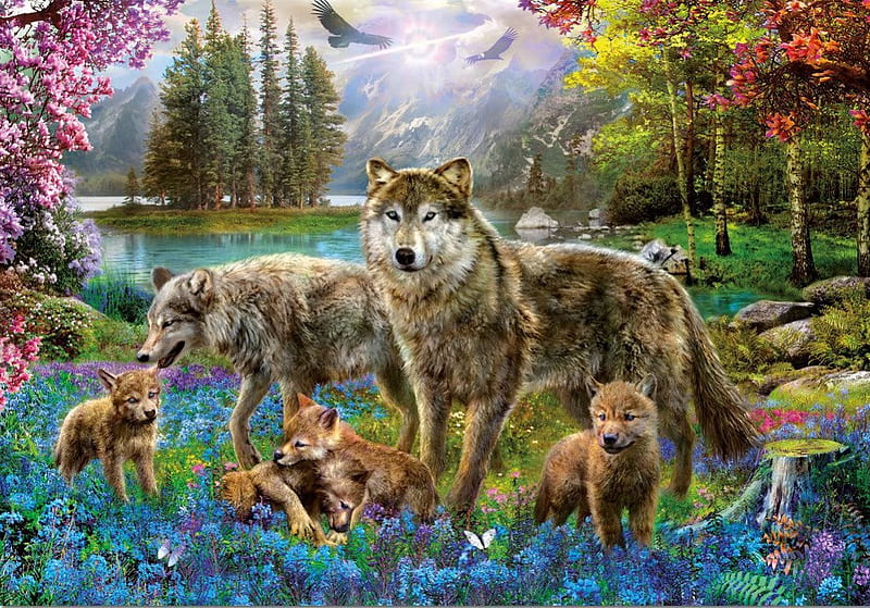 Wolf Family, painting, predator, cubs, wolves, HD wallpaper