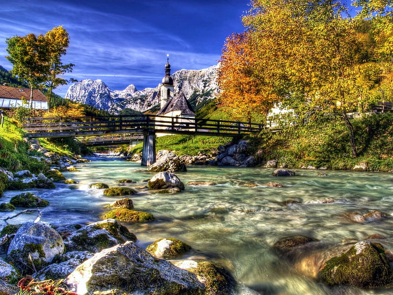 Little Church in Bavarian Alps, brisge, rocks, autumn, stones, river, trees, HD wallpaper