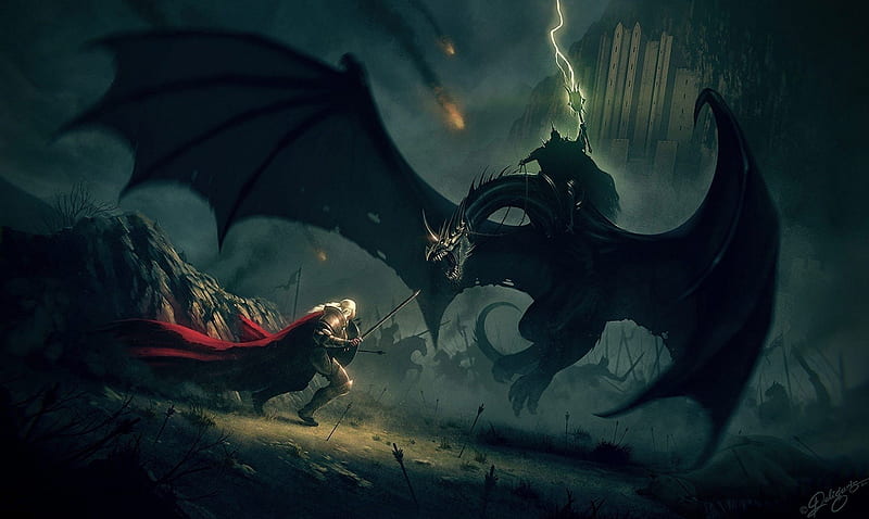 dragon slayer, red, warrior, demon, wings, dark, evil, dragon, HD wallpaper