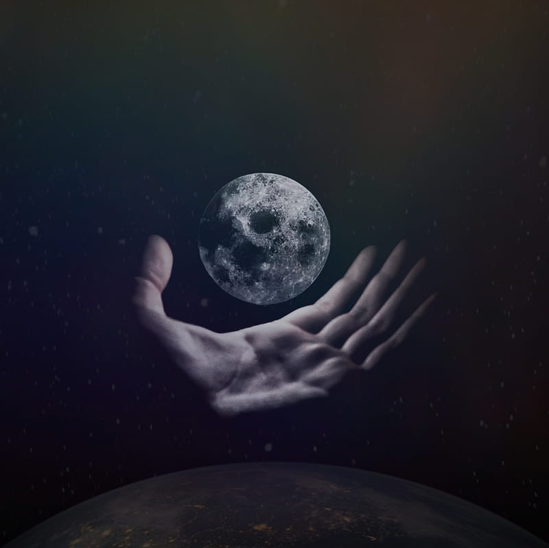Hold that moon, digital, earth, hand, hold, moon, planet, sky, space, star, stars, HD wallpaper