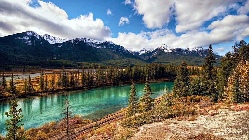 River in British Columbia, mountains, landscape, trees, clouds, sky ...