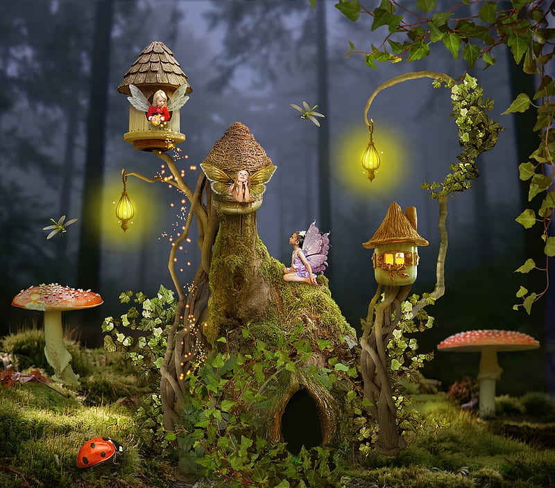 House for fairies, forest, lantern, luminos, mushroom, lubov2001, creative, fantasy, green, girl, fairy, HD wallpaper
