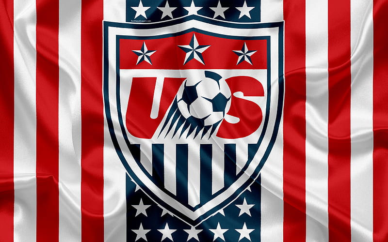 USA national football team, logo, emblem, US flag, football federation, World Championship, football, silk texture, United States of America, HD wallpaper