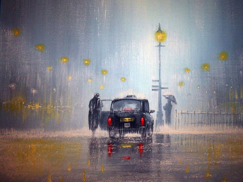 Taxi, wet, rain, streetlight, HD wallpaper