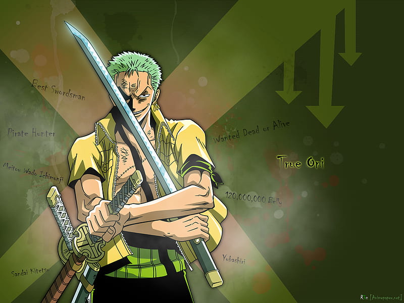 Roronoa Zoro, swords, male, zoro roronoa, smile, green background, one piece, weapons, zoro, anime, scabbard, green hair, HD wallpaper