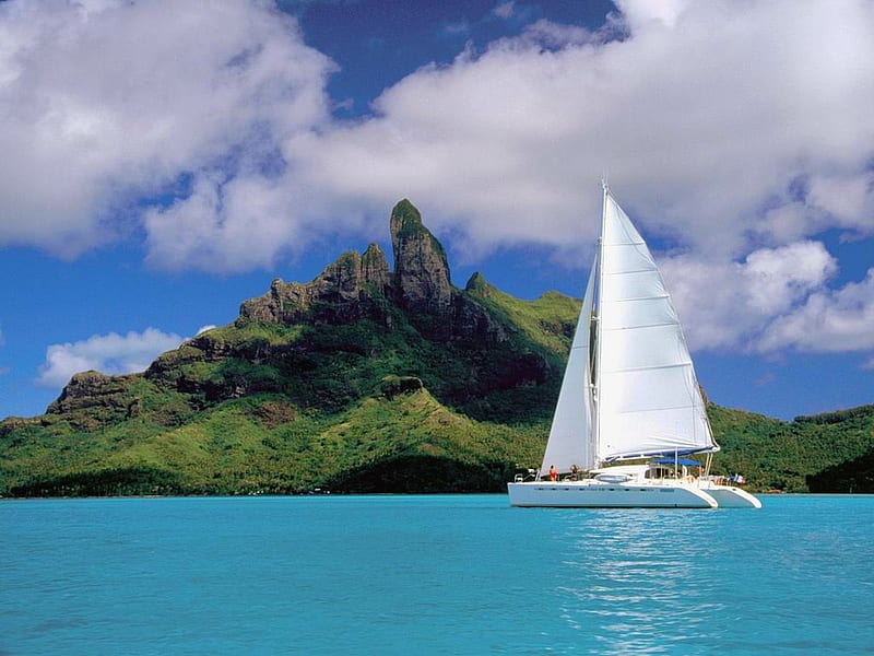 Catamaran, polynesia, french, ocean, french polynesia, lagoon, beach, bora bora, ship, nature, landscape, HD wallpaper