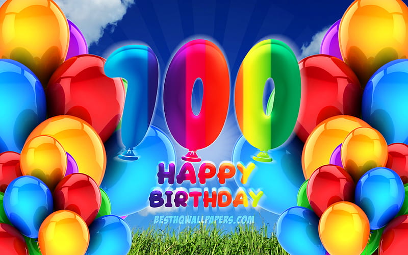 Happy 100 Years Birtay, cloudy sky background, Birtay Party, colorful ballons, Happy 100th birtay, artwork, 100th Birtay, Birtay concept, 100th Birtay Party, HD wallpaper