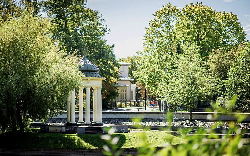 Park in Liepaja, Latvia, Latvia, park, trees, gazebo, fountain, HD wallpaper