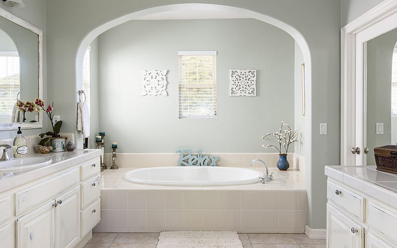 stylish bathroom interior, light colors, white bathroom, stylish interior design, bathroom, HD wallpaper