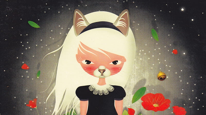 Cat girl, red, fantasy, jetske, girl, flower, bell, pisici, cat, HD wallpaper