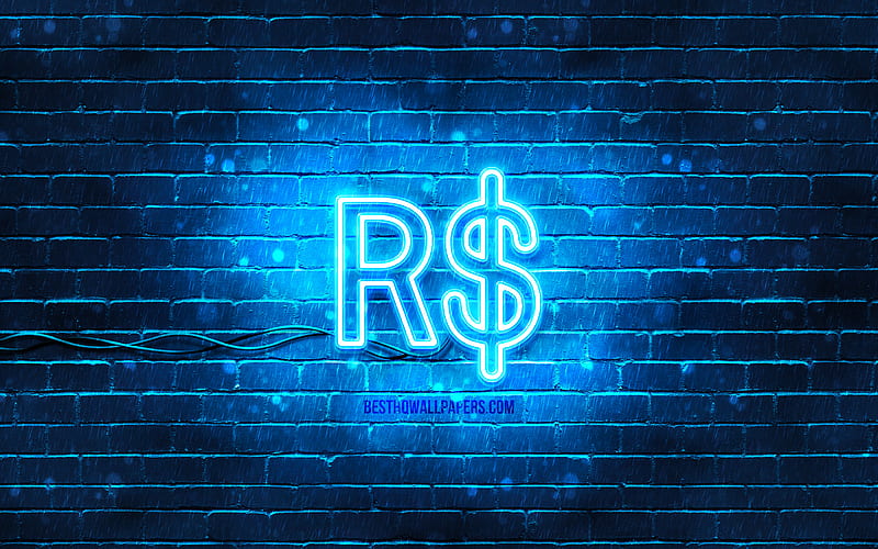 Brazilian real neon icon blue background, currency, neon symbols, Brazilian real, neon icons, Brazilian real sign, currency signs, Brazilian real icon, currency icons, HD wallpaper