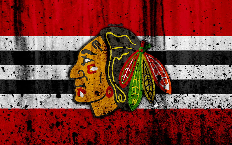 Chicago Blackhawks, grunge, NHL, hockey, art, Western Conference, USA, logo, stone texture, Central Division, HD wallpaper
