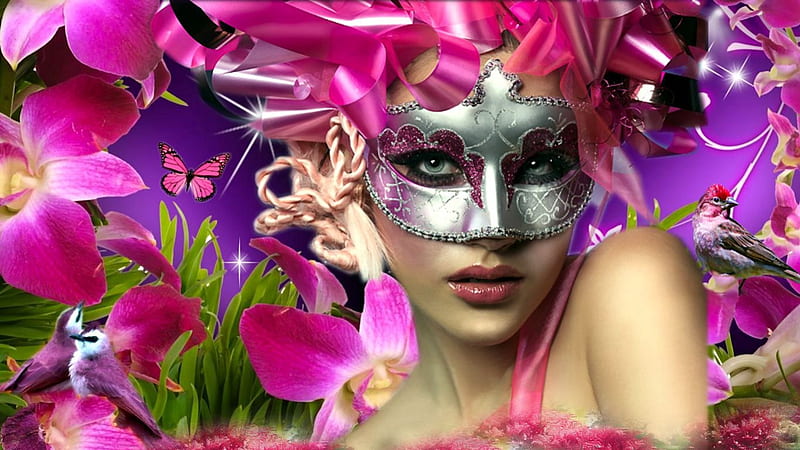 Pink Confetti Dreams, brown, grass, confetti, dreams, silver, floral, fantasy, butterfly, green, flowers, dream, pink, blue, birds, black, girl, purple, peach, mask, HD wallpaper