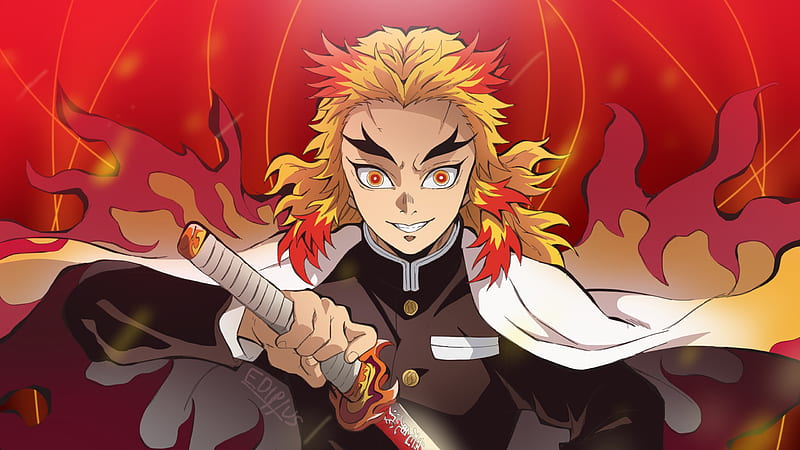 Demon Slayer Kyojuro Rengoku With Yellow Hair With Red Background Anime, HD wallpaper Demon Slayer Kyojuro Rengoku With Yellow Hair With Red Background Anime, HD wallpaper