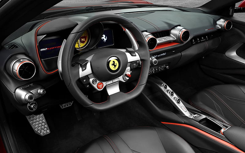 Ferrari 812 Superfast, 2018, interior, Ferrari steering wheel, leather interior, HD wallpaper