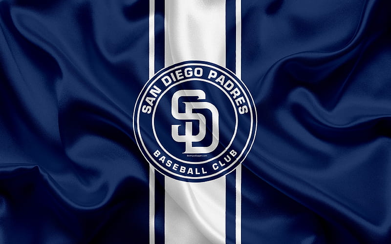 San Diego Padres logo, silk texture, american baseball club, blue flag, emblem, MLB, San Diego, California, USA, Major League Baseball, HD wallpaper