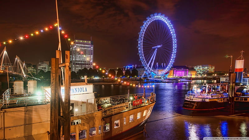 london at night, city, boats, ferris wheel, river, lights, HD wallpaper