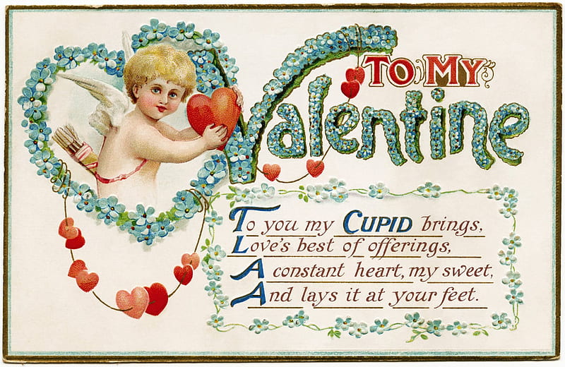 Happy Valentine's Day!, red, wings, valentine, card, boy, cupid, heart, child, white, vintage, HD wallpaper
