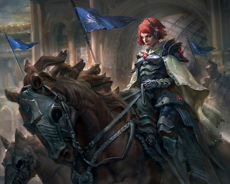 Lucia, art, luminos, redhead, legend of the cryptids, game, dopaprime, horse, armor, fantasy, girl, HD wallpaper