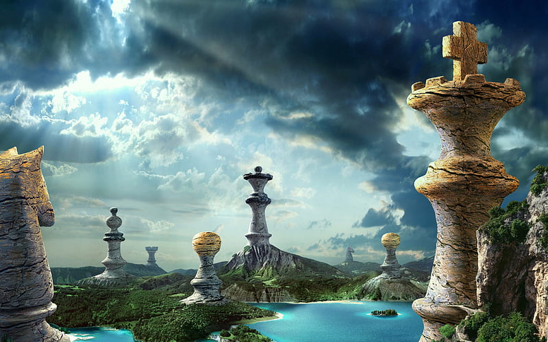 Chess Isle, isle, brown, game, sky, clouds, fantasy, green, pieces, island, chess, blue, HD wallpaper