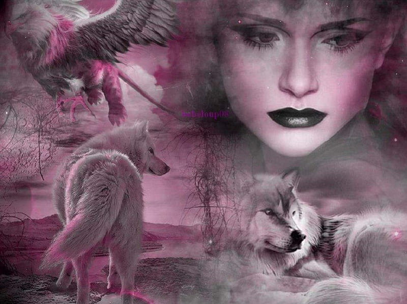 Purple Beauty, fantasy, eagle, wolves, abstract, woman, animals, HD wallpaper