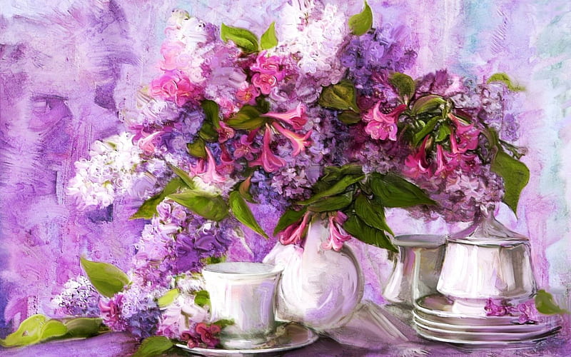 Lilacs, still life, bouquet, blossoms, vase, porcelain, HD wallpaper