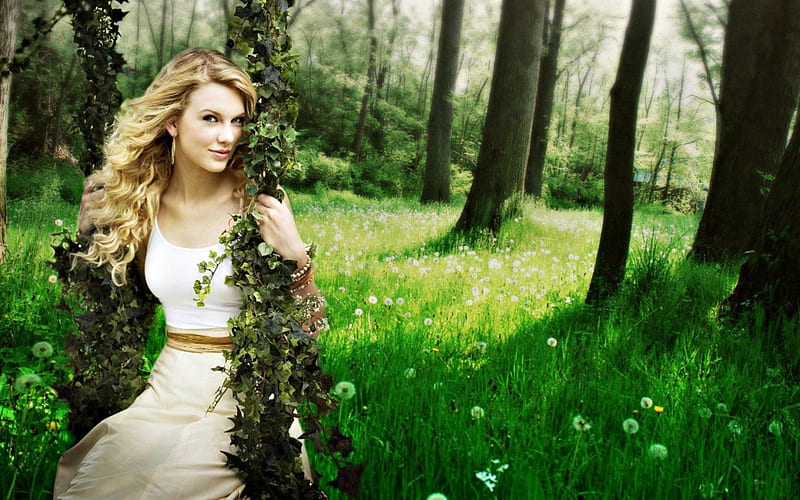 Taylor Swift, forest, grass, blonde, woman, singer, tree, girl, green, wood, HD wallpaper