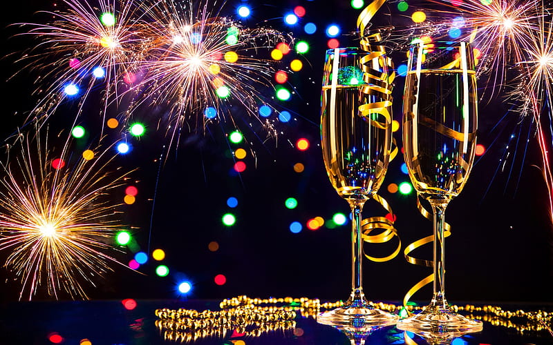 Happy New Year, glass, sparkling, wine, fireworks, HD wallpaper Peakpx