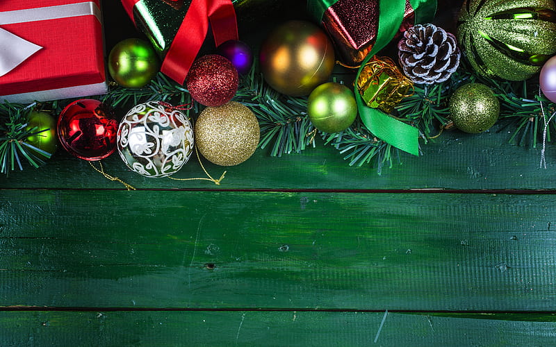Christmas, green wooden background, frame, Christmas tree, balls, gifts, New Year, decoration, HD wallpaper