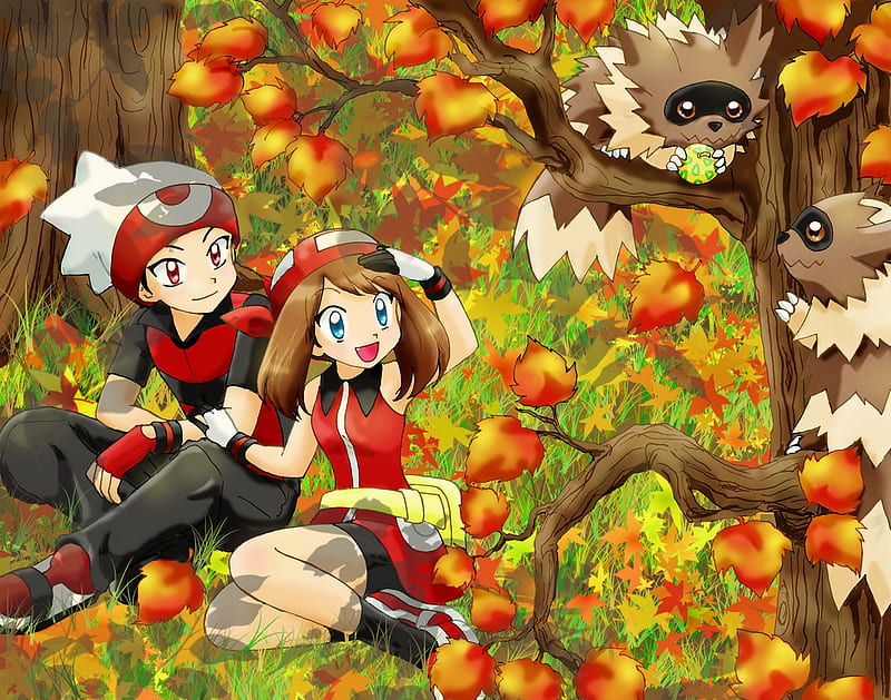 Pokemon Seson Autumn, trainers, fall, brendan, autumn, grass, zigzagoon, music, pokemon, fruit, tree, leaves, haruka, anime, may, HD wallpaper