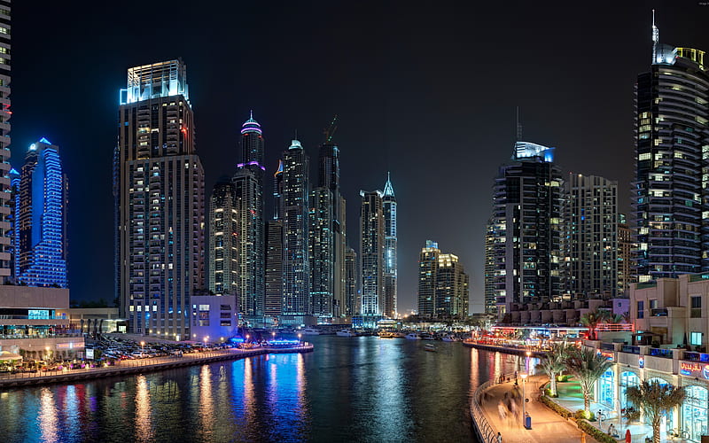 Dubai, Downtown, skyscrapers, night, city lights, modern architecture United Arab Emirates, HD wallpaper