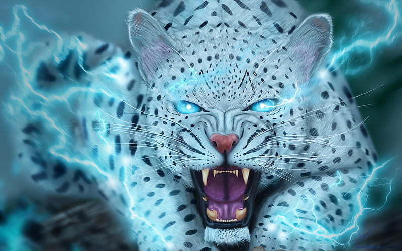 Snow Leopard, 3D art, lightning, Uncia uncia, predators, HD wallpaper