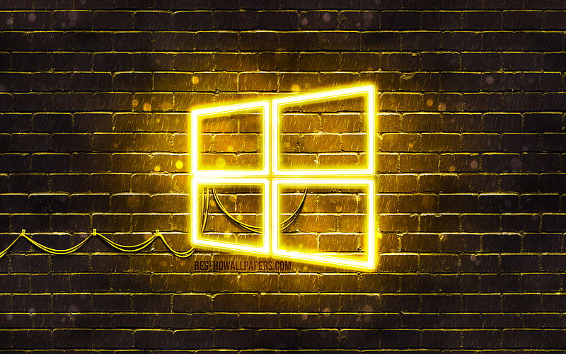 Windows 10 yellow logo yellow brickwall, Windows 10 logo, brands, Windows 10 neon logo, Windows 10, HD wallpaper