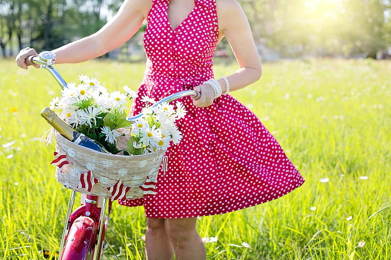 dress, jill wellington, green, bycicle, flower, summer, bike, pink, girl, HD wallpaper