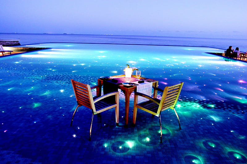 Table for Two on Lit Pool, lit, dusk, candlelight, eat, sea, lights, dining, evening, swimming, south pacific, night, exotic, islands, romantic, view, romance, food, ocean, pool, table for two, candles, paradise, dine, island, tropical, HD wallpaper