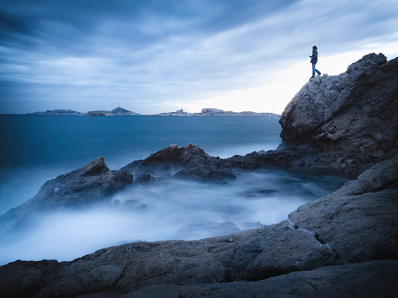 rock, cliff, man, sea, loneliness, water, HD wallpaper