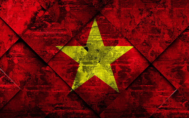 Flag of Vietnam grunge art, rhombus grunge texture, Vietnam flag, Asia, national symbols, Vietnam, creative art, HD wallpaper