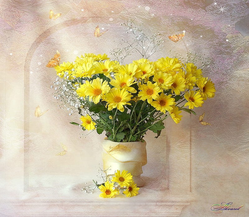 Brighten the day, flowers, yellow, vase, sunshine, petals, butterflies, gorgeous, HD wallpaper