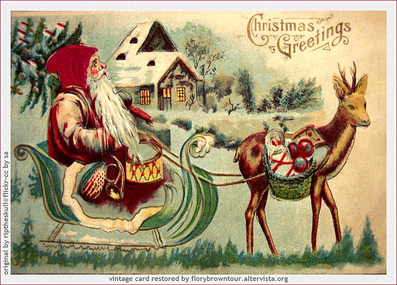 Merry Christmas!, craciun, card, vintage, santa, christmas, reindeer, HD wallpaper